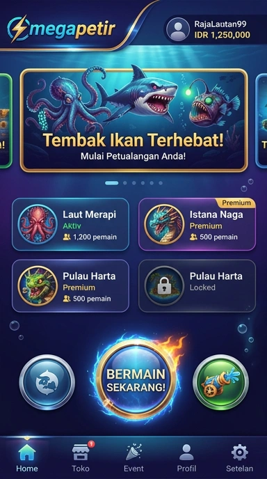 Tampilan beranda aplikasi megapetir yang menarik.